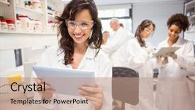  Presentation with science - Audience pleasing presentation theme consisting of medical education - science student holding tablet pc backdrop and a coral colored foreground