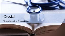  Presentation with medical book - Slide deck with medical education - stethoscope on book on wooden background and a light blue colored foreground