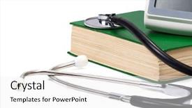  Presentation with medical education - Amazing PPT layouts having medical education black - green book and stethoscope backdrop and a white colored foreground