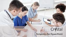  Presentation with interns - Beautiful slide deck featuring medical education health care people backdrop and a soft green colored foreground