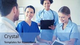  Presentation with health education - Colorful slide deck enhanced with medical education health care people backdrop and a teal colored foreground