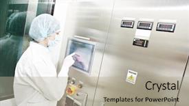  Presentation with pharmaceutical factory - Amazing presentation theme having medical engineering - pharmaceutical factory woman worker operating backdrop and a mint green colored foreground