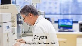  Presentation with scientific research - Slide deck enhanced with medical eqipment - senior male researcher carrying background and a soft green colored foreground