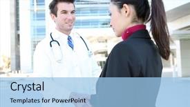  Presentation with moving patient to hospital bed - Slide set consisting of medical equipment meeting - man doctor and woman patient background and a  colored foreground