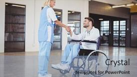  Presentation with female - PPT theme with medical equipment meeting - smiling female doctor handshaking background and a  colored foreground