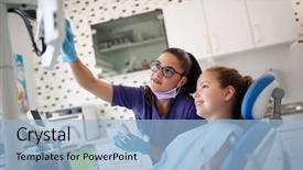  Presentation with peptic ulcer disease shows - PPT theme with medical equipment repair - dentist female shows on x-ray background and a  colored foreground