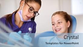  Presentation with dental instrument - Colorful PPT theme enhanced with medical equipment repair - female dentist showing instrument backdrop and a light blue colored foreground