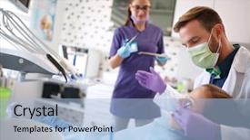  Presentation with dental assistant - Colorful slide deck enhanced with medical equipment repair - male dentist work on dental backdrop and a  colored foreground