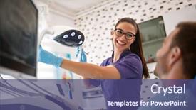  Presentation with dental radiology dentist and assistant - Colorful PPT layouts enhanced with medical equipment repair - smiling female dentist adjusting lamp backdrop and a violet colored foreground