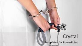  Presentation with medical error - Beautiful PPT layouts featuring medical error - doctor with stethoscope in handcuffs backdrop and a light gray colored foreground