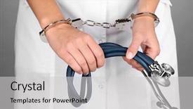  Presentation with medical error - Beautiful PPT theme featuring medical error - doctor with syringestethoscope in handcuffs backdrop and a light gray colored foreground