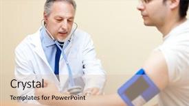  Presentation with concept high blood pressure used tablets and - Slide set with medical exam - doctor checking blood pressure background and a lemonade colored foreground