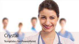  Presentation with multiracial team of young doctors stacking hands - Slide set featuring medical exam - young smiling doctor in front background and a  colored foreground