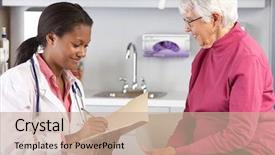  Presentation with doctor examining a newborn baby - Presentation consisting of economics business costs finance accounting background and a light gray colored foreground