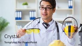  Presentation with personal protective equipment safety glasses - PPT theme consisting of medical eye ear - safety doctor advising about wearing background and a  colored foreground