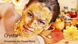  Presentation with hero mask woman - Presentation theme consisting of medical face - woman getting gold facial mask background and a  colored foreground