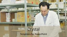  Presentation with medical supplies - Slide deck featuring medical factory supplies storage indoor background and a coral colored foreground