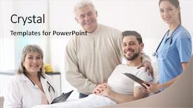  Presentation with moving patient to hospital bed - Amazing PPT theme having medical family - doctors visiting patient in hospital backdrop and a  colored foreground