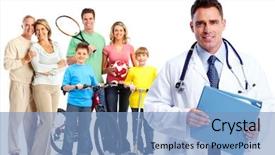  Presentation with doctor family - Beautiful slide set featuring medical family doctor and patients backdrop and a light blue colored foreground