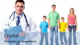  Presentation with doctor family - Presentation theme consisting of medical family doctor and patients background and a light blue colored foreground