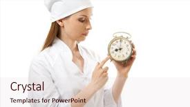  Presentation with female leader social media - Presentation consisting of medical female doctor holding alarm background and a  colored foreground