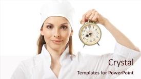  Presentation with female leader social media - Cool new presentation theme with medical female doctor holding alarm backdrop and a lemonade colored foreground