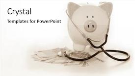  Presentation with piggy bank - Slide set having medical finance - piggy bank sitting on pile background and a white colored foreground