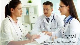  Presentation with payment - Theme consisting of medical finance - portrait of young practitioner taking background and a sky blue colored foreground