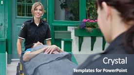  Presentation with patient women abdominal ultrasound - Presentation theme with medical first responder - smiling emergency with patient background and a ocean colored foreground