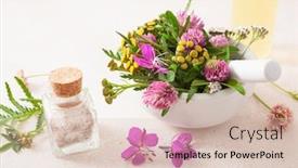  Presentation with oils - Presentation having medical-flowers-herbs-in-mortar background and a lemonade colored foreground