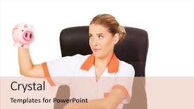  Presentation with trainee nurse sitting by female - Audience pleasing slides consisting of medical fundraising - female doctor sitting behind backdrop and a  colored foreground