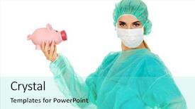  Presentation with mature masked female surgeon - Beautiful slide deck featuring medical fundraising - female surgeon doctor holding piggy backdrop and a  colored foreground