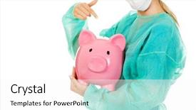  Presentation with mature female surgeon - Colorful PPT theme enhanced with medical fundraising - female surgeon doctor holding piggy backdrop and a  colored foreground