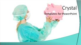  Presentation with mature masked female surgeon - Colorful PPT layouts enhanced with medical fundraising - female surgeon doctor holding piggy backdrop and a  colored foreground