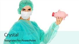  Presentation with mature female surgeon - Presentation design consisting of medical fundraising - female surgeon doctor holding piggy background and a  colored foreground