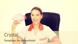  Presentation with desk - Slides with medical fundraising - smile doctor sitting behind background and a  colored foreground