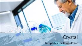  Presentation with scientific research - Slide deck enhanced with medical gas - senior male researcher carrying background and a light blue colored foreground