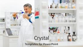  Presentation with scientific research - Colorful slide set enhanced with medical gas - senior male researcher carrying backdrop and a light gray colored foreground