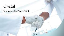  Presentation with medical amputation hand amputated - Theme enhanced with medical gloves make shaking hands background and a white colored foreground