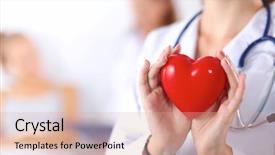  Presentation with red medical - Cool new PPT layouts with medical hand - young woman doctor holding backdrop and a coral colored foreground