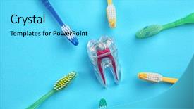  Presentation with small tooth - Presentation design consisting of medical health home model - toothbrushes and plastic tooth mockup background and a cyan colored foreground