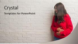  Presentation with stomach disease - Colorful presentation theme enhanced with medical health home model - young brunette woman standing backdrop and a  colored foreground