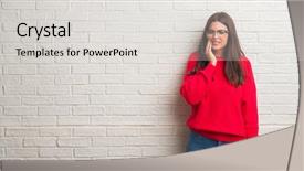  Presentation with white brick wall - Slides with medical health home model - young brunette woman standing background and a  colored foreground