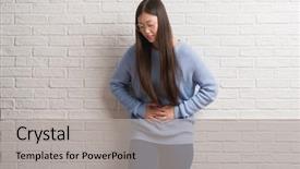  Presentation with white brick wall - Cool new slide deck with medical health home model - young chinise woman over white backdrop and a  colored foreground