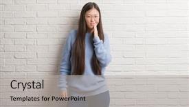  Presentation with paint white brick wall - Slide set featuring medical health home model - young chinise woman over white background and a  colored foreground