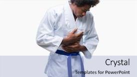  Presentation with stomach disease - Theme consisting of medical helt - afro american man wearing karate background and a light blue colored foreground