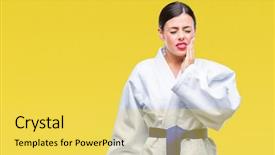  Presentation with karate - PPT theme featuring medical helt - young beautiful woman wearing karate background and a  colored foreground