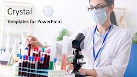 Presentation with lab google - Presentation design with medical hematologist - young female chemist working background and a sky blue colored foreground