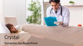  Presentation with hematology - Colorful presentation design enhanced with medical hematology - young handsome doctor visiting female backdrop and a coral colored foreground