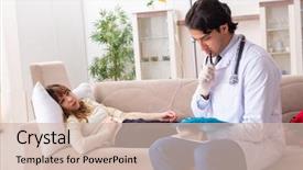  Presentation with doctor visiting family - Colorful presentation theme enhanced with medical hematology - young handsome doctor visiting female backdrop and a soft green colored foreground